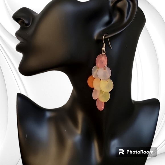 Vintage Jewelry - VTG 1990s Rainbow Mod Acrylic Cascade Chandalier Dangle Hook Earrings